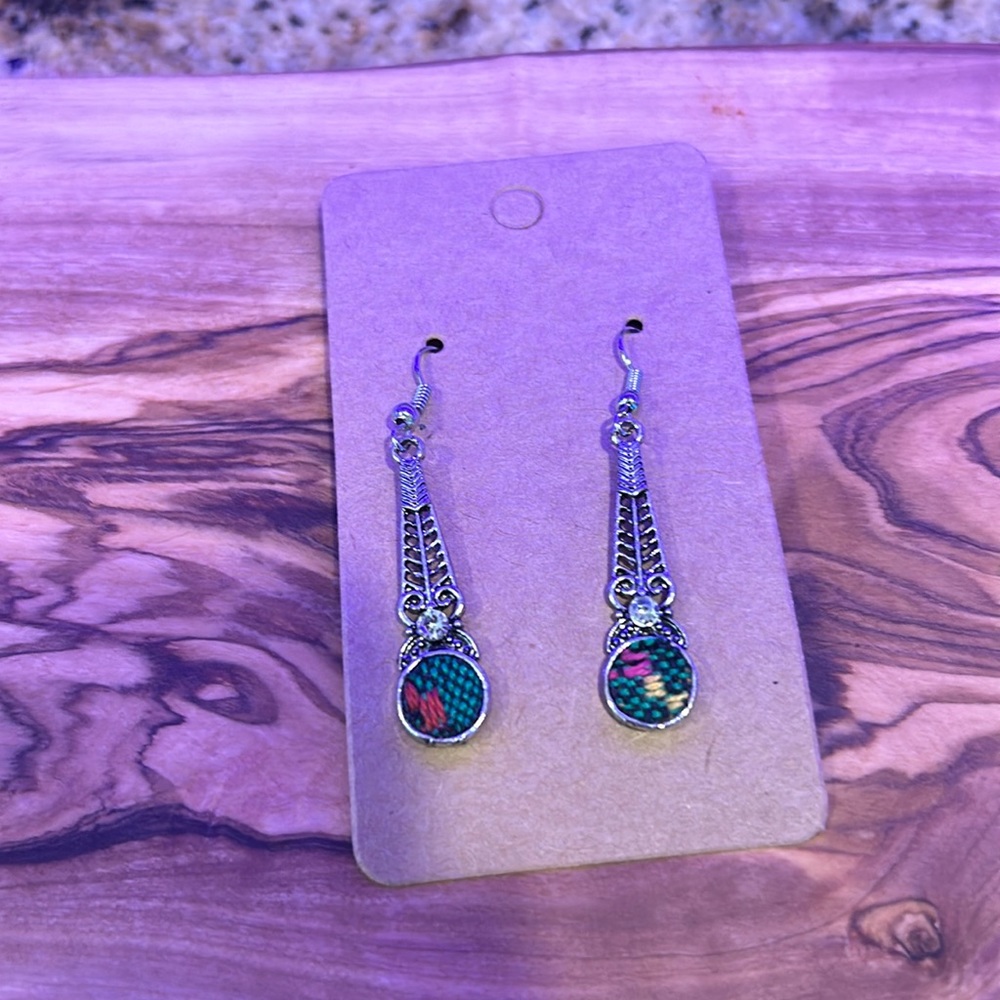 NEW Earrings, Silver with Green, Orange and yellow design, 2” - Picture 1 of 7